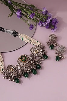 Two-Tone Finish Green Semi-Precious Stone Choker Necklace Set