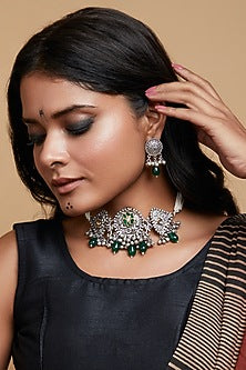 Two-Tone Finish Green Semi-Precious Stone Choker Necklace Set