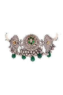 Two-Tone Finish Green Semi-Precious Stone Choker Necklace Set