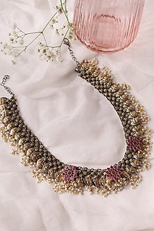Two-Tone Finish Pink Semi-Precious Stone & Pearl Choker Necklace