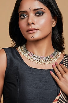 Two-Tone Finish Pink Semi-Precious Stone & Pearl Choker Necklace