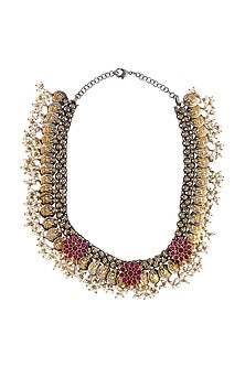 Two-Tone Finish Pink Semi-Precious Stone & Pearl Choker Necklace