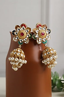 Gold Plated Kundan Polki & Pearl Jhumka Chandelier Earrings