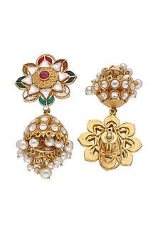 Gold Plated Kundan Polki & Pearl Jhumka Chandelier Earrings