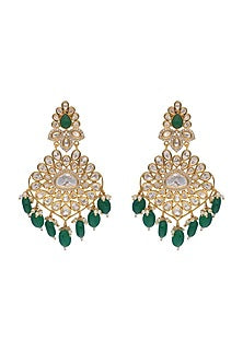 Gold Plated Kundan Polki & Green Stone Dangler Earrings