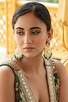 Gold Plated Kundan Polki & Green Stone Dangler Earrings