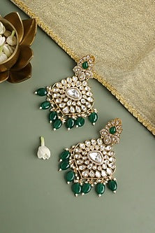 Gold Plated Kundan Polki & Green Stone Dangler Earrings