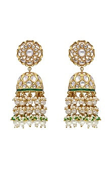 Gold Plated Kundan Polki & Pearl Floral Jhumka Earrings