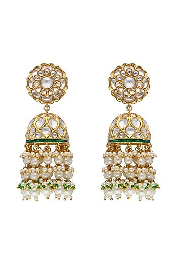 Gold Plated Kundan Polki & Pearl Floral Jhumka Earrings