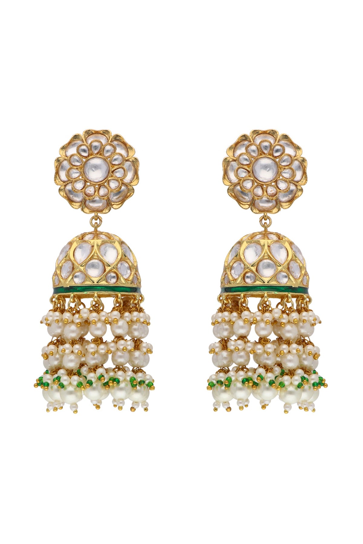 Gold Plated Kundan Polki & Pearl Floral Jhumka Earrings