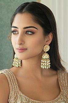 Gold Plated Kundan Polki & Pearl Floral Jhumka Earrings