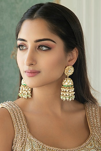 Gold Plated Kundan Polki & Pearl Floral Jhumka Earrings