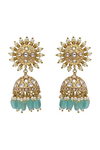 Gold Plated Kundan Polki & Pearl Chakra Jhumka Earrings