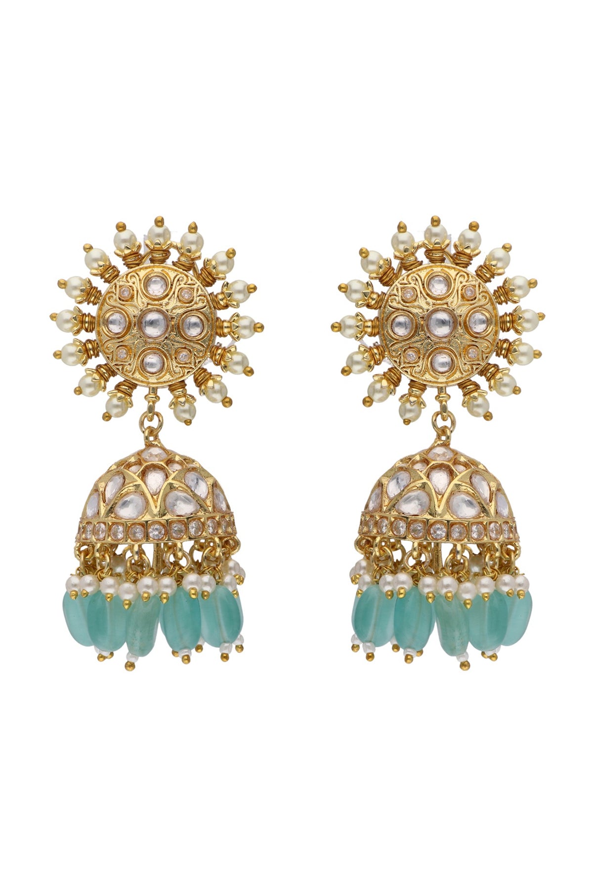 Gold Plated Kundan Polki & Pearl Chakra Jhumka Earrings