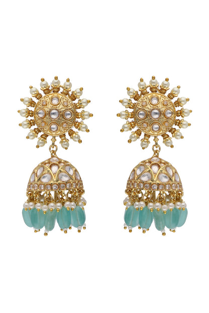 Gold Plated Kundan Polki & Pearl Chakra Jhumka Earrings