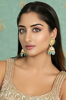 Gold Plated Kundan Polki & Pearl Chakra Jhumka Earrings