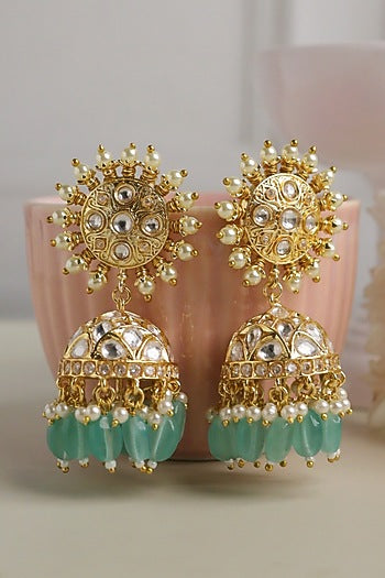 Gold Plated Kundan Polki & Pearl Chakra Jhumka Earrings