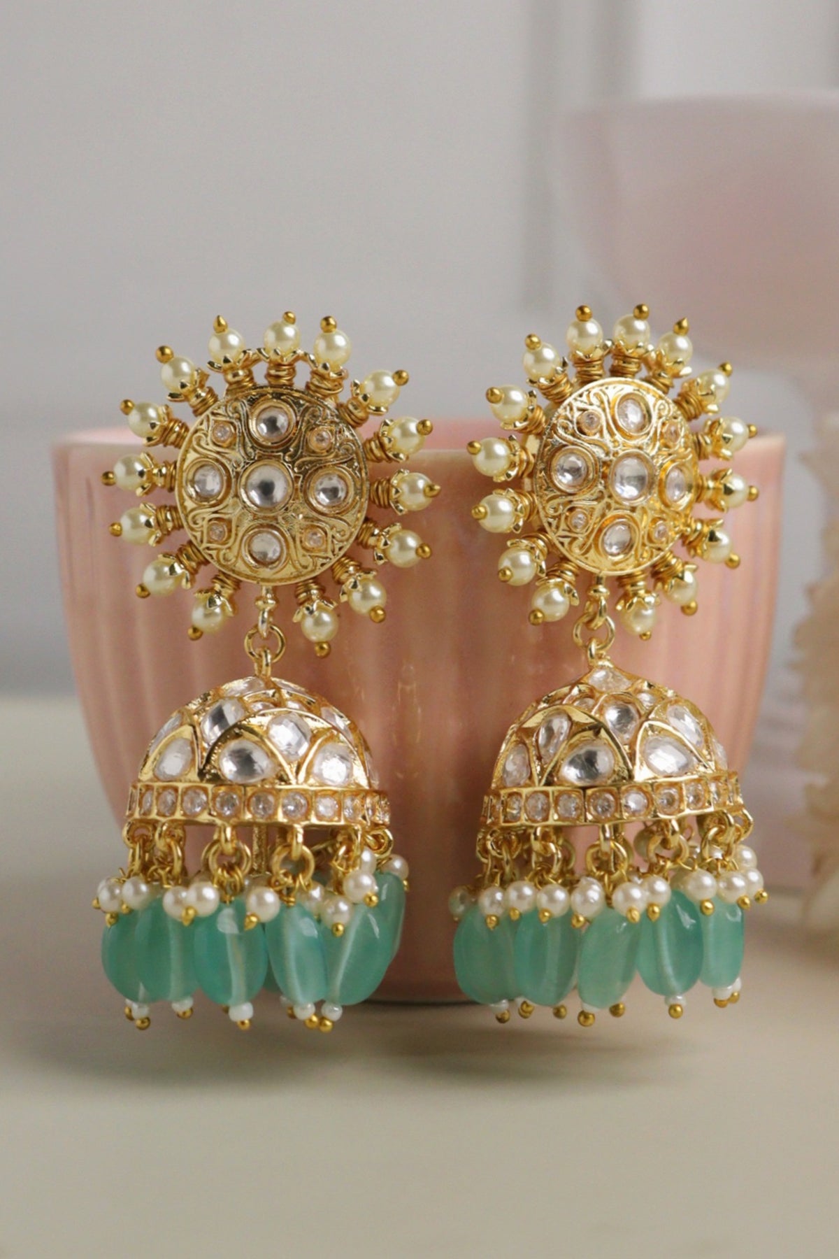 Gold Plated Kundan Polki & Pearl Chakra Jhumka Earrings