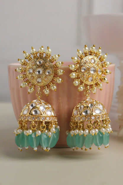 Gold Plated Kundan Polki & Pearl Chakra Jhumka Earrings