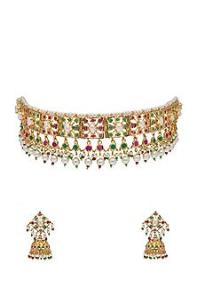 Gold Finish Multi-Colored Semi-Precious Stone Choker Necklace Set