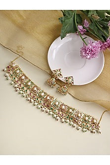 Gold Finish Multi-Colored Semi-Precious Stone Choker Necklace Set