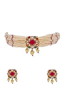 Gold Finish Kundan Polki & Navratna Stone Choker Necklace Set