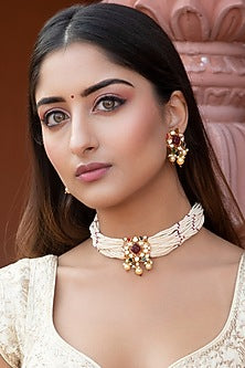 Gold Finish Kundan Polki & Navratna Stone Choker Necklace Set