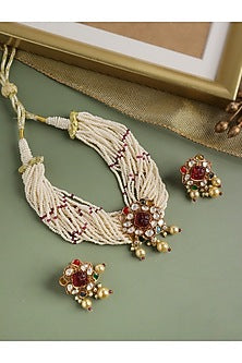 Gold Finish Kundan Polki & Navratna Stone Choker Necklace Set