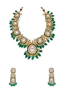 Gold Finish Kundan Polki & Green Stone Handcrafted Long Necklace Set