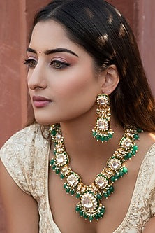 Gold Finish Kundan Polki & Green Stone Handcrafted Long Necklace Set