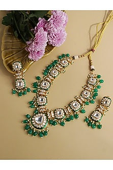 Gold Finish Kundan Polki & Green Stone Handcrafted Long Necklace Set