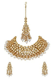 Gold Finish Kundan Polki & Pearl Handcrafted Floral Necklace Set