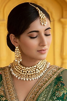 Gold Finish Kundan Polki & Pearl Handcrafted Floral Necklace Set
