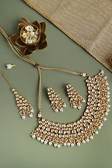 Gold Finish Kundan Polki & Pearl Handcrafted Floral Necklace Set