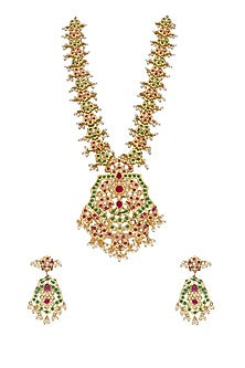 Gold Finish Red & Green Semi-Precious Stone Long Necklace Set