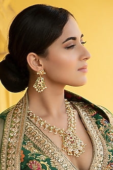 Gold Finish Red & Green Semi-Precious Stone Long Necklace Set