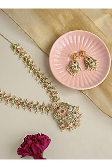 Gold Finish Red & Green Semi-Precious Stone Long Necklace Set