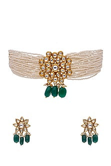 Gold Finish Kundan Polki & Pearl Handcrafted Choker Necklace Set