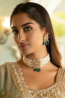 Gold Finish Kundan Polki & Pearl Handcrafted Choker Necklace Set