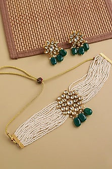 Gold Finish Kundan Polki & Pearl Handcrafted Choker Necklace Set