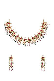 Gold Finish Red & Green Semi-Precious Stone Necklace Set