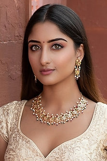 Gold Finish Red & Green Semi-Precious Stone Necklace Set