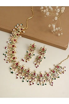 Gold Finish Red & Green Semi-Precious Stone Necklace Set