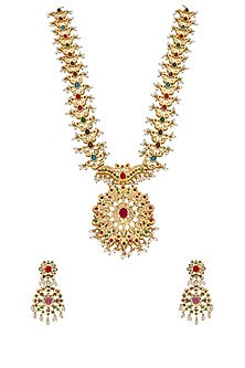 Gold Finish Navratna Stone & Shell Pearl Necklace Set