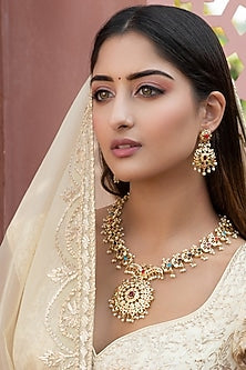 Gold Finish Navratna Stone & Shell Pearl Necklace Set