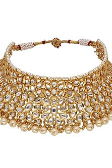 Gold Finish Kundan Polki & Pearl Handcrafted Choker Necklace Set