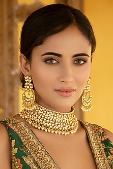 Gold Finish Kundan Polki & Pearl Handcrafted Choker Necklace Set