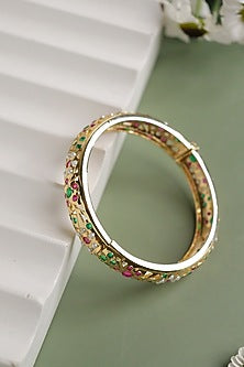 Gold Plated Multi-Colored Jadau & Faux Pearl Bangle