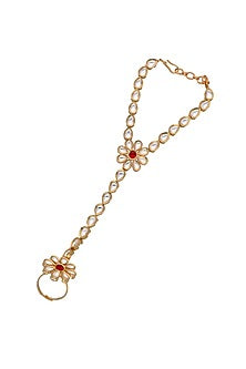 Gold Finish Kundan Polki & Red Stone Hathphool