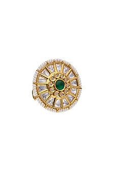 Gold Finish Kundan Polki & Green Stone Dome Ring